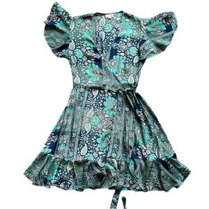 Cienna Wrap Dress with Ruffle Hem and Floral Foliage Design, Size Small